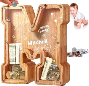 UBeesize Cute Money Box for Boys and Girls,Unbreakable Wood Coin Bank,Twenty-Six English Alphabet Letter Piggy Banks,Gifts for Birthday, Christmas, Festival, Baby Shower(M)