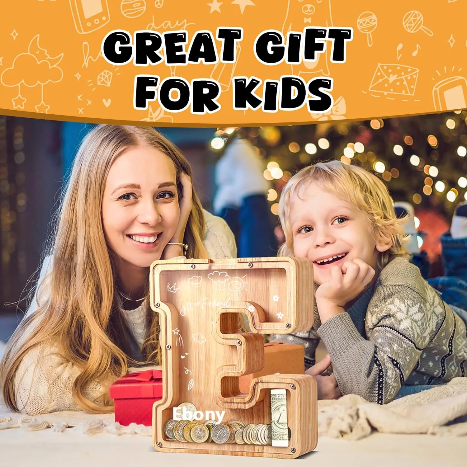 UBeesize Cute Money Box for Boys and Girls,Unbreakable Wood Coin Bank,Twenty-Six English Alphabet Letter Piggy Banks,Gifts for Birthday, Christmas, Festival, Baby Shower(M)