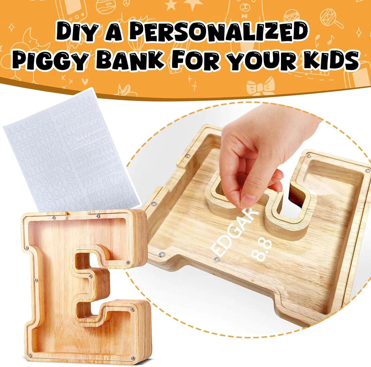 UBeesize Cute Money Box for Boys and Girls,Unbreakable Wood Coin Bank,Twenty-Six English Alphabet Letter Piggy Banks,Gifts for Birthday, Christmas, Festival, Baby Shower(M)