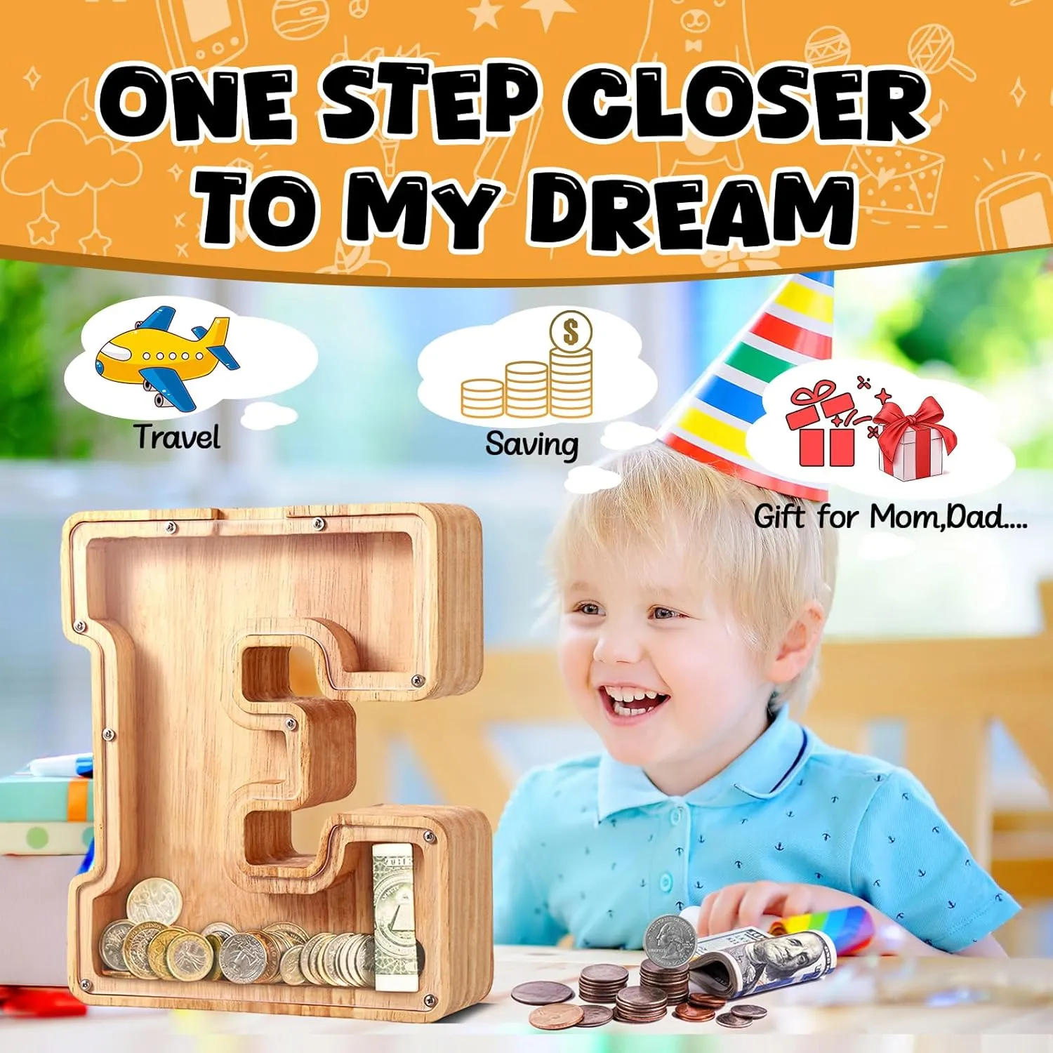 UBeesize Cute Money Box for Boys and Girls,Unbreakable Wood Coin Bank,Twenty-Six English Alphabet Letter Piggy Banks,Gifts for Birthday, Christmas, Festival, Baby Shower(M)