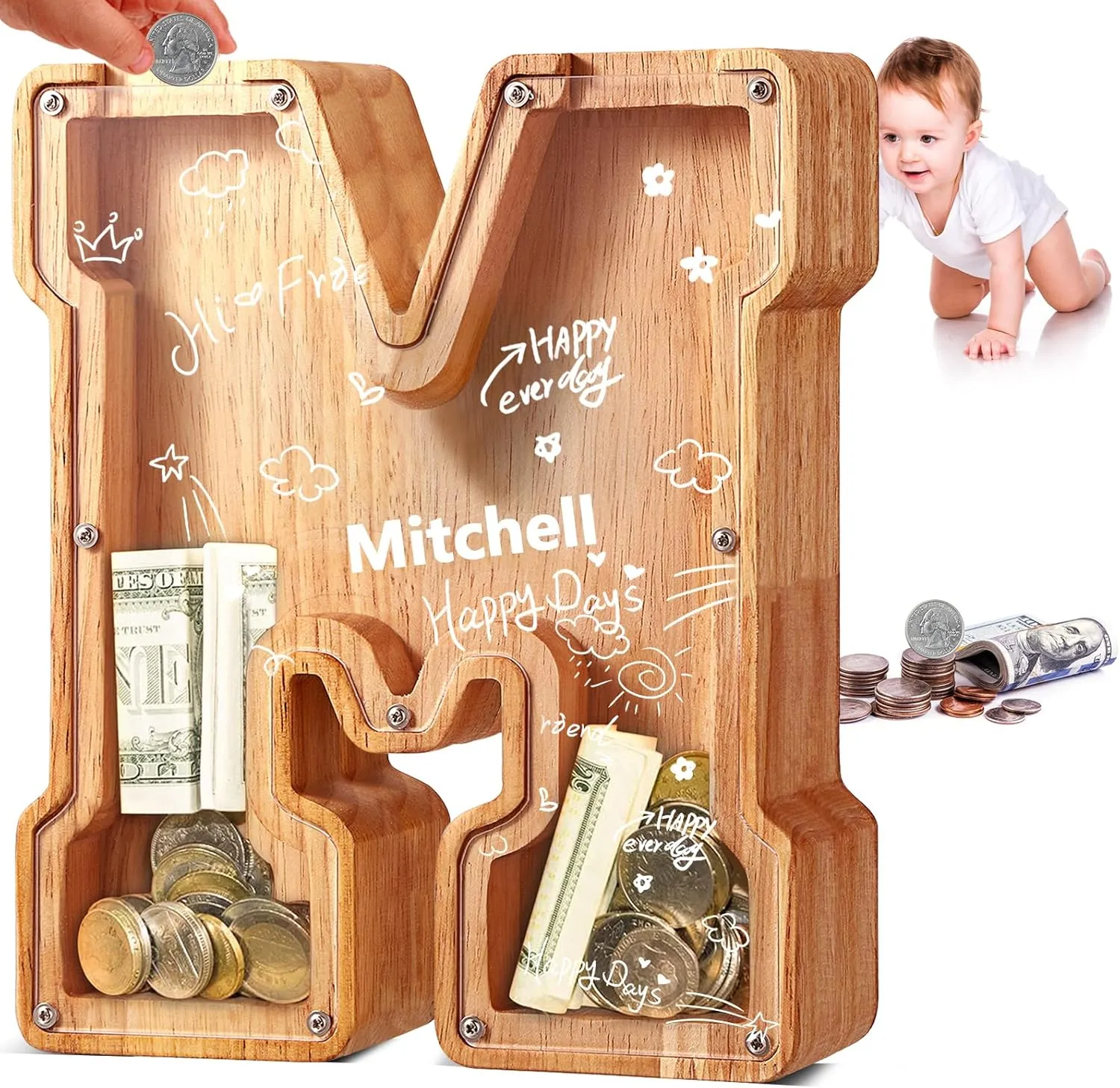 UBeesize Cute Money Box for Boys and Girls,Unbreakable Wood Coin Bank,Twenty-Six English Alphabet Letter Piggy Banks,Gifts for Birthday, Christmas, Festival, Baby Shower(M)