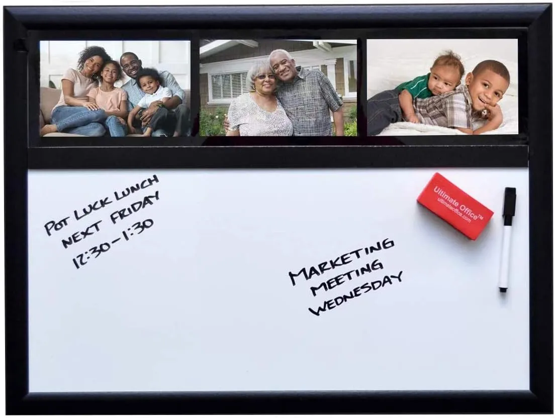 Ultimate Office Magnetic Whiteboard 24 x 18 Memo Board Plus, 3 Photo Frames, Marker & Magnetic Eraser. Organize and Display Photos, Notes and Reminders. Ideal for Home, Office, Cubicles or Classrooms