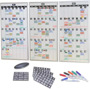 Ultimate Office Whiteboard Dry Erase Magnetic Write On Planning Boards & Scheduling Kit. Includes Set of 3 Monthly Panels, Magnetic Accessories, 6 Markers and Eraser. Rotatable and Easy to Update