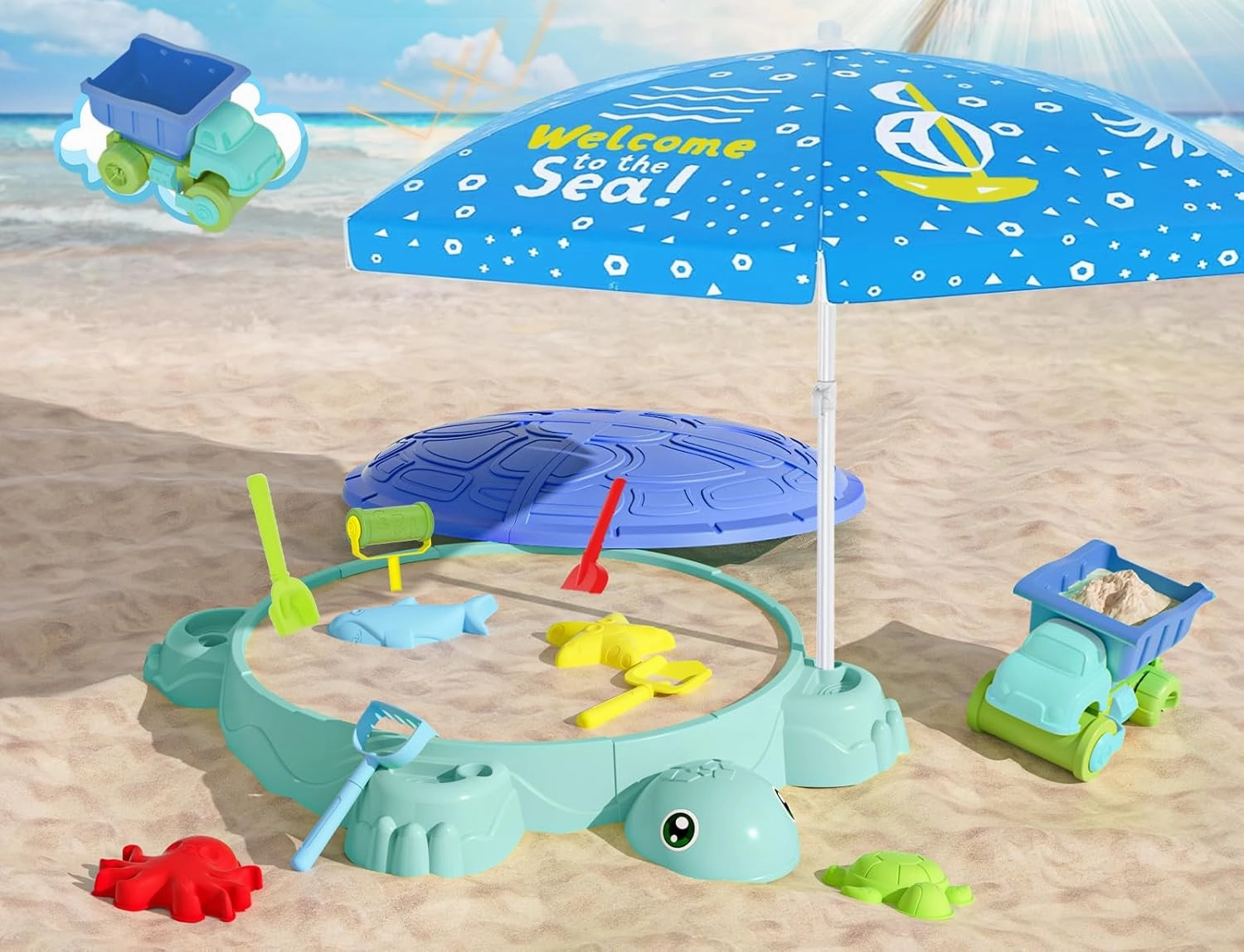 Upgraded Kids Turtle Sandbox with Lid & Adjustable Umbrella, Truck Toy & 8pcs Sand Shovels, Sand Box with Cover, Beach Toys for Toddlers 3-5, Plastic Indoor Outdoor Play Toys Gift for Girls Boys