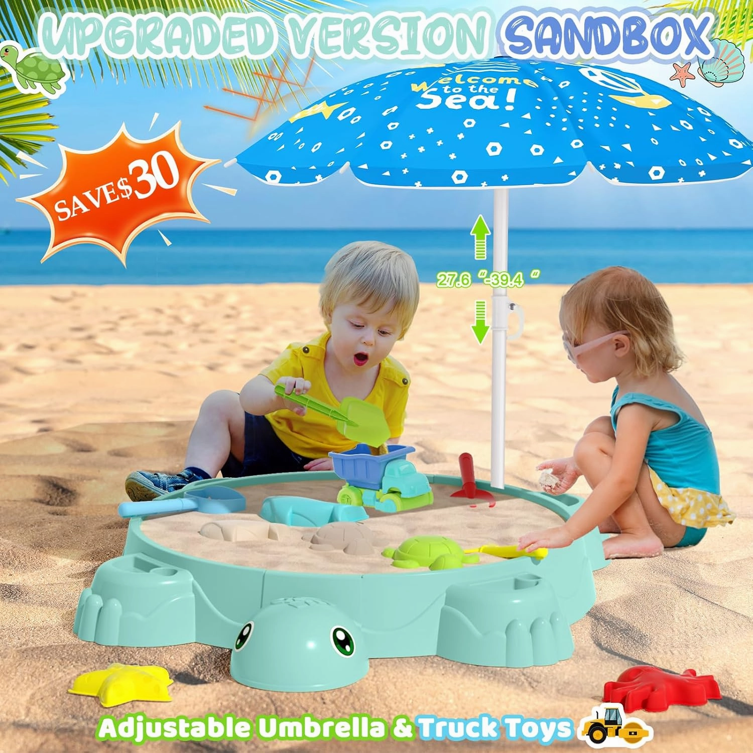 Upgraded Kids Turtle Sandbox with Lid & Adjustable Umbrella, Truck Toy & 8pcs Sand Shovels, Sand Box with Cover, Beach Toys for Toddlers 3-5, Plastic Indoor Outdoor Play Toys Gift for Girls Boys