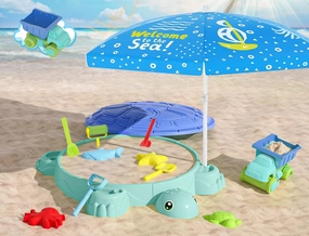 Upgraded Kids Turtle Sandbox with Lid & Adjustable Umbrella, Truck Toy & 8pcs Sand Shovels, Sand Box with Cover, Beach Toys for Toddlers 3-5, Plastic Indoor Outdoor Play Toys Gift for Girls Boys