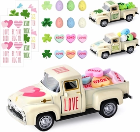 Valentines/St. Patrick’s/Easter Decor, Rustic Metal Farm Truck with Valentine Candy Heart St Patricks Day Shamrock Easter Egg, Valentines Day Decor for Home Table Valentines Decor Gifts