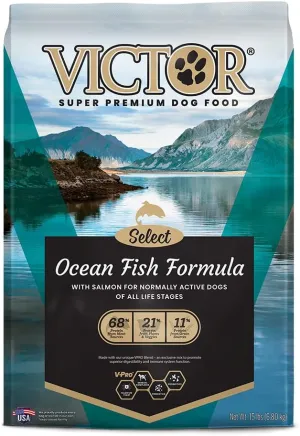 VICTOR Super Premium Dog Food – Select Ocean Fish Formula with Salmon – Omega-3 and Omega-6 Enriched Gluten-Free Dry Kibble for All Normally Active Dogs of All Life Stages, 15lbs