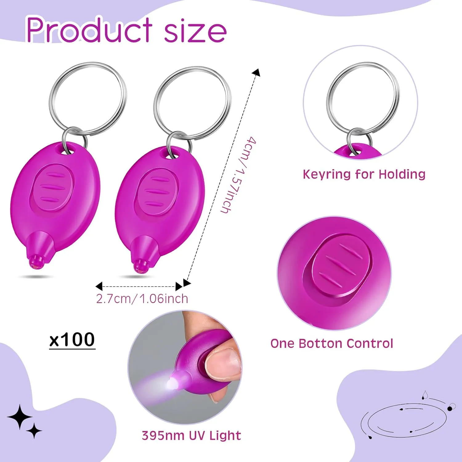 VIHOSE 100 Pcs Mini UV Keychain Flashlight 395nm UV Keychain Light Bulk Portable Tiny LED Light for Detector Pet Urine Passport ID Card and Currency