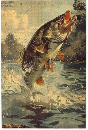 Vintage Fish Largemouth Bass Wooden Jigsaw Puzzle for Adults 1000 Pieces - Home Decor Art - Fun Family Game and Creative Gift for Teens, Kids, and Elders