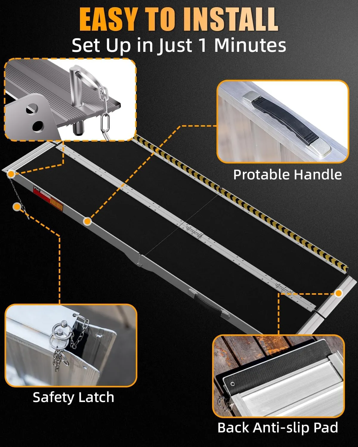 VNN Portable Wheelchair Ramp 8FT, Non-Slip Aluminum Folding Handicap Ramp, Door Threshold Wheelchair Ramps for Home, Wheel Chair Ramp for Home Steps