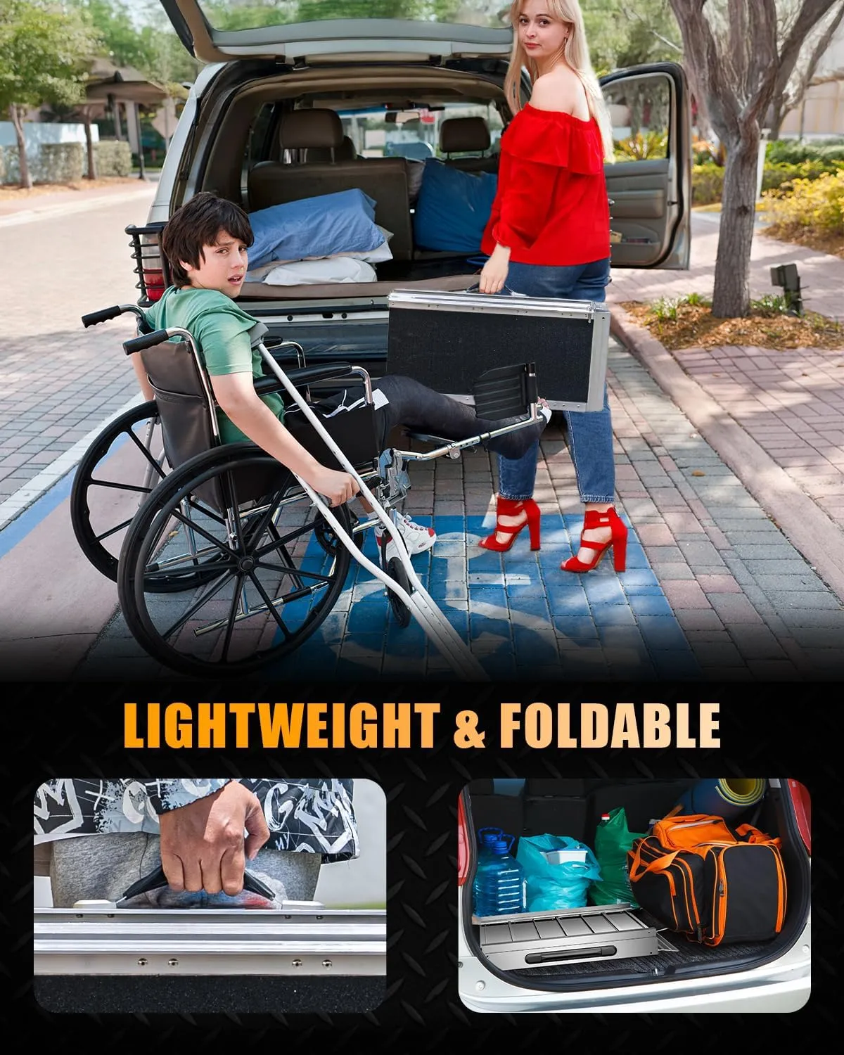 VNN Portable Wheelchair Ramp 8FT, Non-Slip Aluminum Folding Handicap Ramp, Door Threshold Wheelchair Ramps for Home, Wheel Chair Ramp for Home Steps