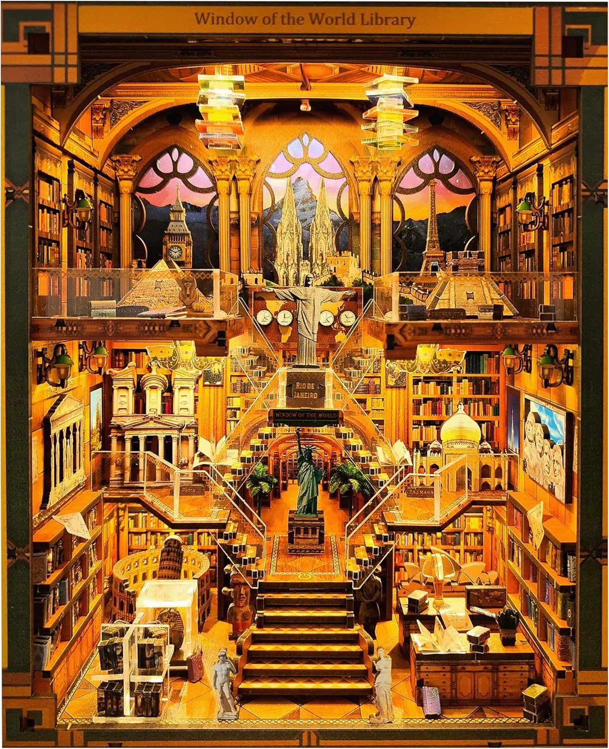 VORATHIS Book Nook Kit - DIY Miniature World Library Booknook - 3D Wooden Puzzle with LED Lights - Creative Bookshelf Insert & Educational Gift for Adults