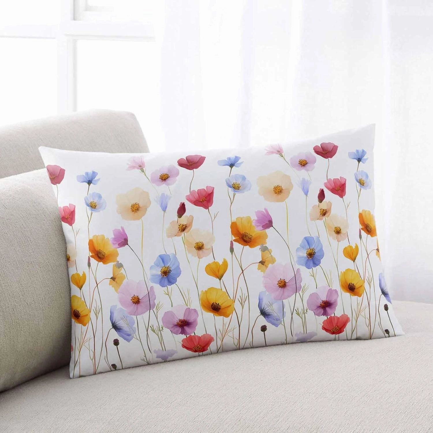 Watercolor Popy Flowers Pillowcase 1 Pack 16x24 Inch Spring Summer Flower Farmhouse Pillow Case Soft Brushed Cloth Zipper Bed Pillow Shams for Bedroom Sofa Car