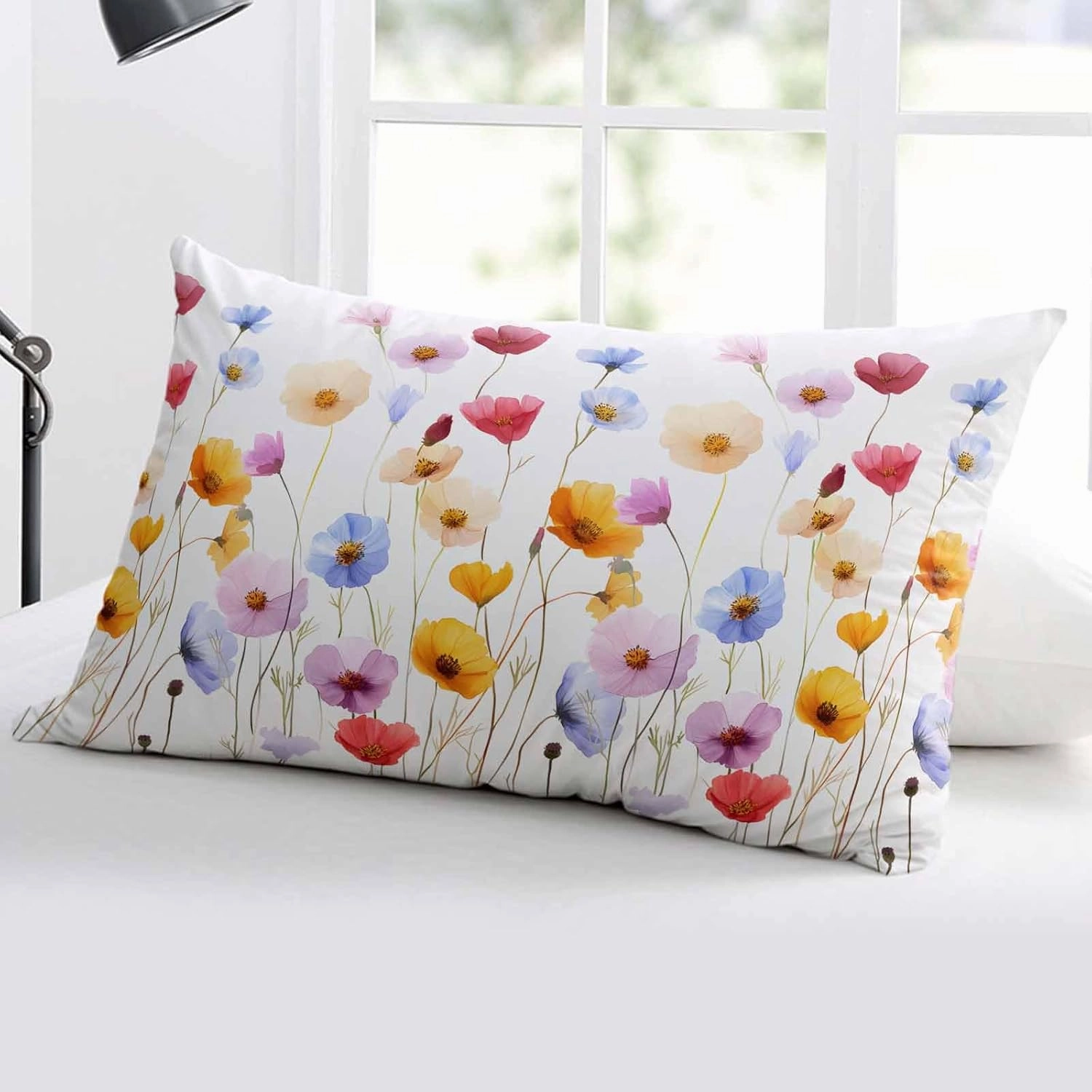 Watercolor Popy Flowers Pillowcase 1 Pack 16x24 Inch Spring Summer Flower Farmhouse Pillow Case Soft Brushed Cloth Zipper Bed Pillow Shams for Bedroom Sofa Car