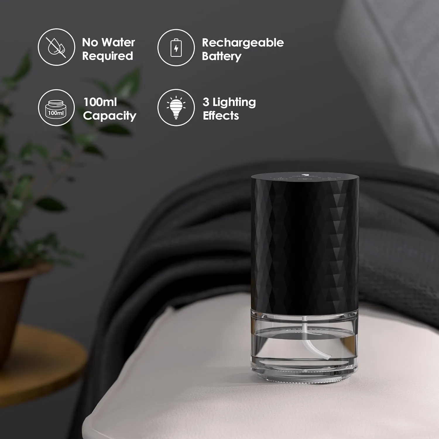Waterless Diffuser Essential Oil 100mL Capacity Scent Air Machine for Home Aromatherapy Premium Metal Nebulizer Battery Operated 3 Mist Settings Timers Color Light AN5(Space Grey)