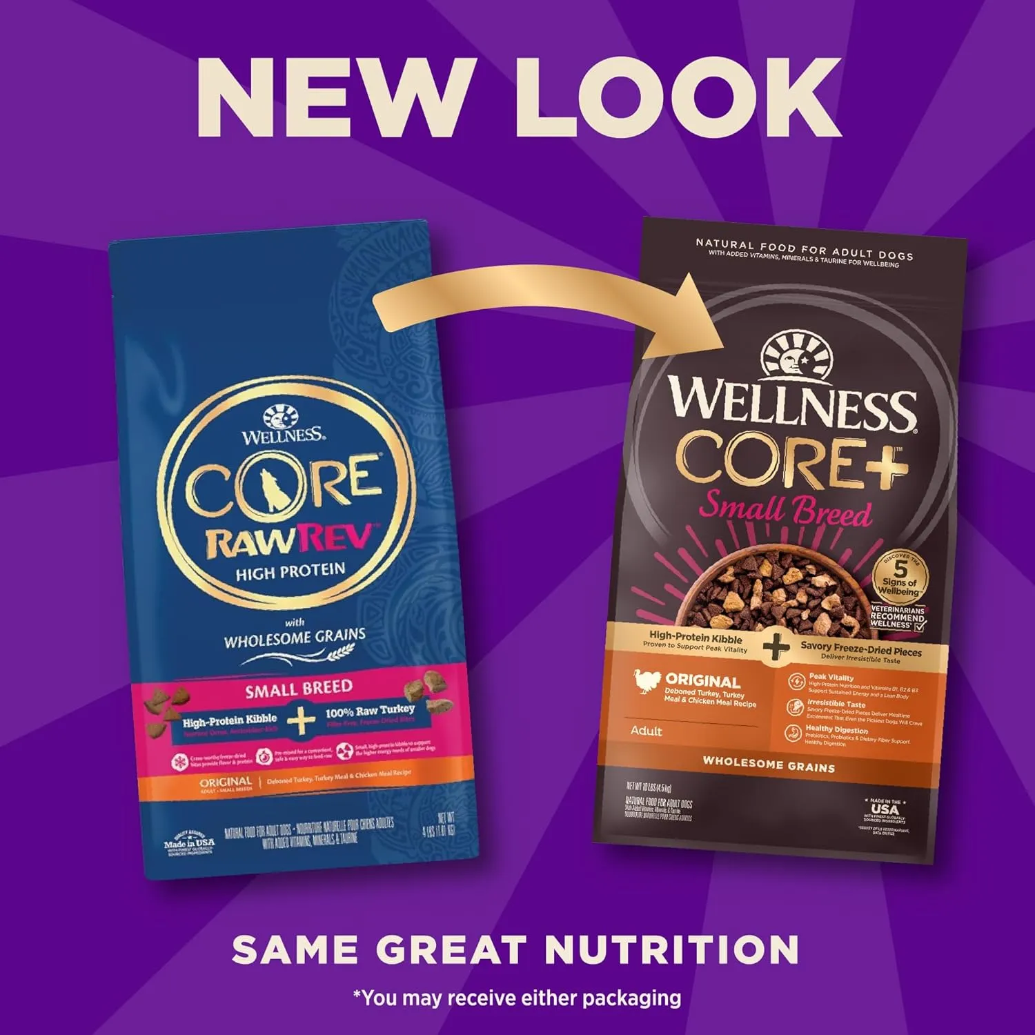 Wellness CORE  (Formerly RawRev) Dry Dog Food with Freeze Dried Pieces, Small Breed, Wholesome Grains, High Protein, Natural, Original Turkey & Chicken Recipe, (10-Pound Bag)