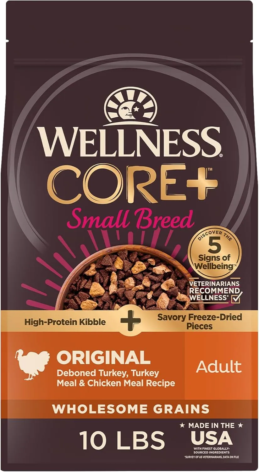 Wellness CORE  (Formerly RawRev) Dry Dog Food with Freeze Dried Pieces, Small Breed, Wholesome Grains, High Protein, Natural, Original Turkey & Chicken Recipe, (10-Pound Bag)