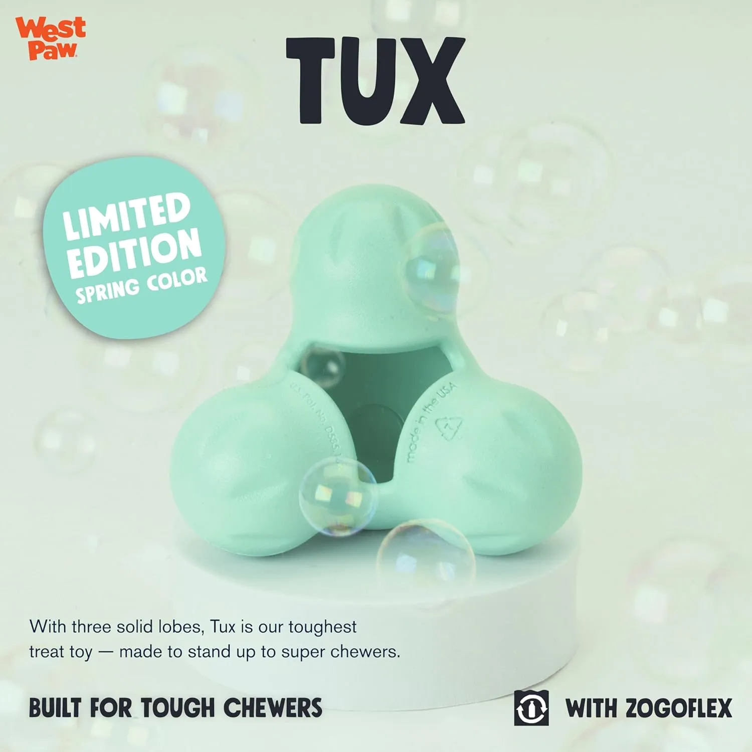 WEST PAW Zogoflex Tux Treat Dispensing Dog Chew Toy – Interactive Chewing Toy for Dogs – Dog Games for Aggressive Chewers, Fetch, Catch – Holds Kibble, Treats, Small 4", Mint