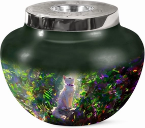 White Cat Cremation Urn for Human Ashes Adult Men & Women - Burial Large Green Matki Urns for Mom & Dad - Urns for Funeral (7 Inch)