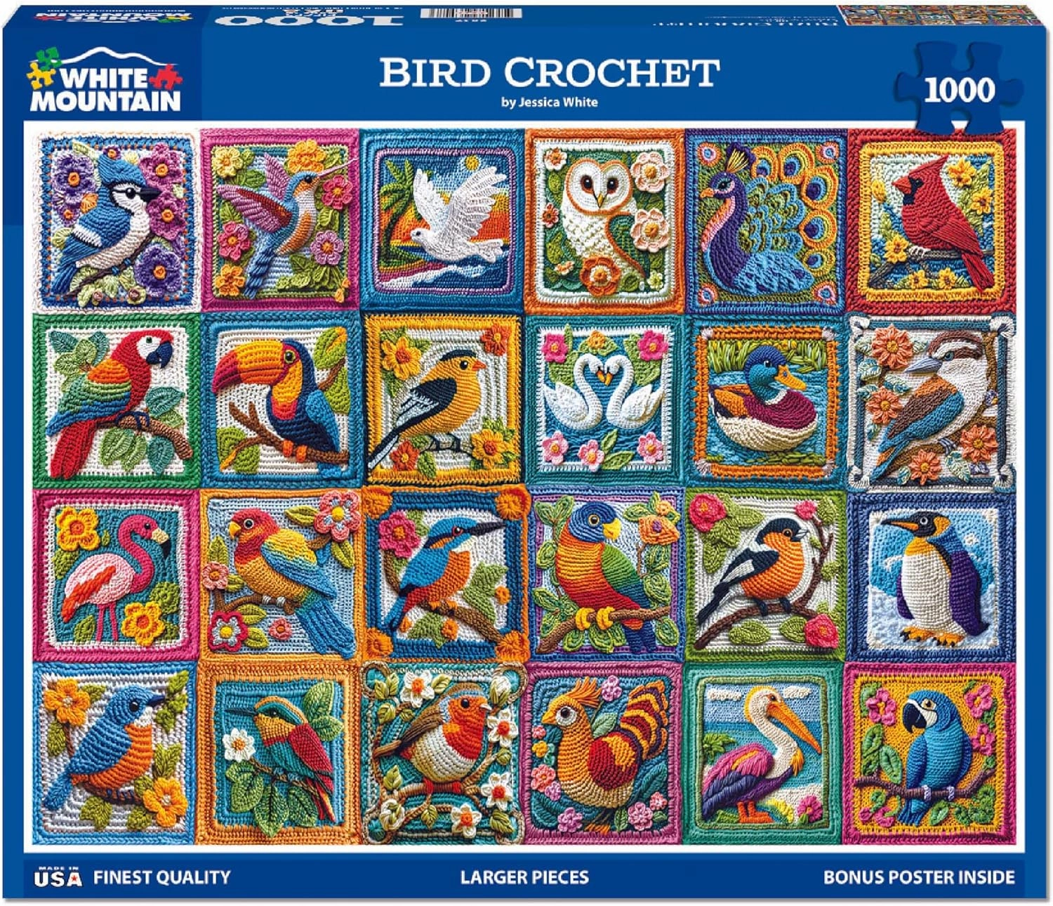 White Mountain Bird Crochet Puzzle 1000 Piece Summer Jigsaw Bird Puzzles for Adults and Grandparents