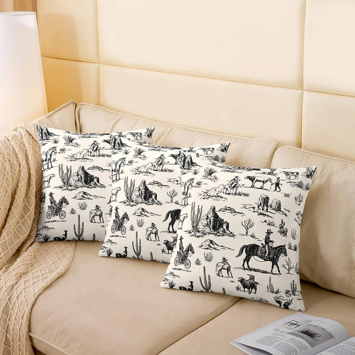 Wild West Pack of 4 Throw Pillow Covers 20x20 Inch Desert Pillow Covers for Men Boys Cowboy Adventure Western Horse Cushion Covers Beige Hand Drawn Country Illustration Cushion Cases