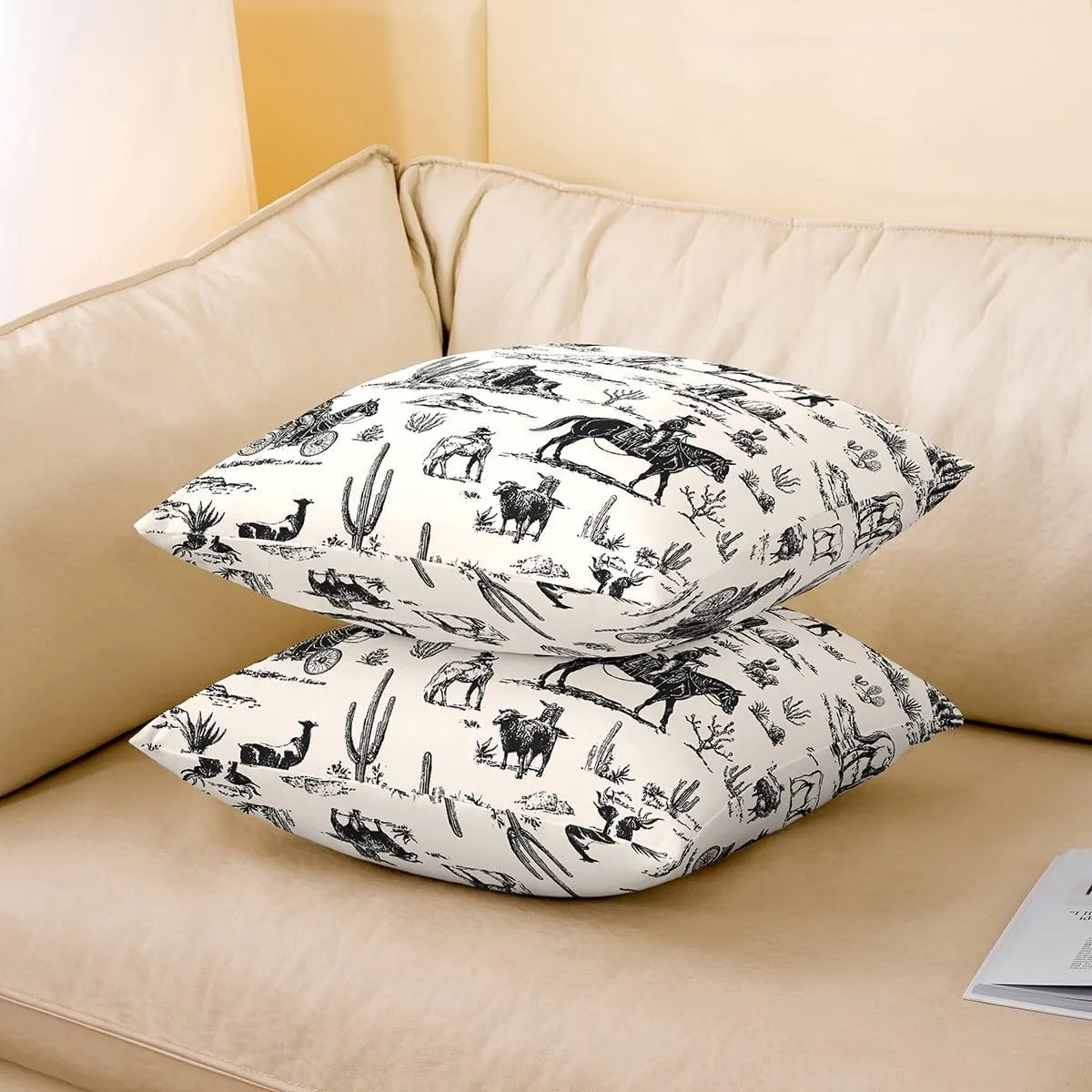 Wild West Pack of 4 Throw Pillow Covers 20x20 Inch Desert Pillow Covers for Men Boys Cowboy Adventure Western Horse Cushion Covers Beige Hand Drawn Country Illustration Cushion Cases