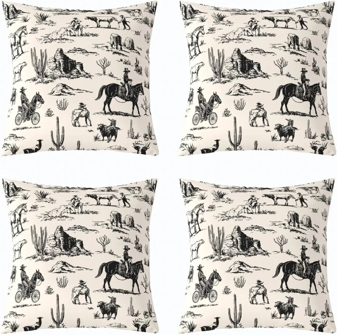 Wild West Pack of 4 Throw Pillow Covers 20x20 Inch Desert Pillow Covers for Men Boys Cowboy Adventure Western Horse Cushion Covers Beige Hand Drawn Country Illustration Cushion Cases