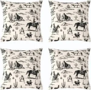 Wild West Pack of 4 Throw Pillow Covers 20x20 Inch Desert Pillow Covers for Men Boys Cowboy Adventure Western Horse Cushion Covers Beige Hand Drawn Country Illustration Cushion Cases