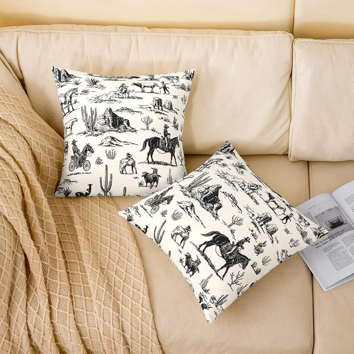 Wild West Pack of 4 Throw Pillow Covers 20x20 Inch Desert Pillow Covers for Men Boys Cowboy Adventure Western Horse Cushion Covers Beige Hand Drawn Country Illustration Cushion Cases