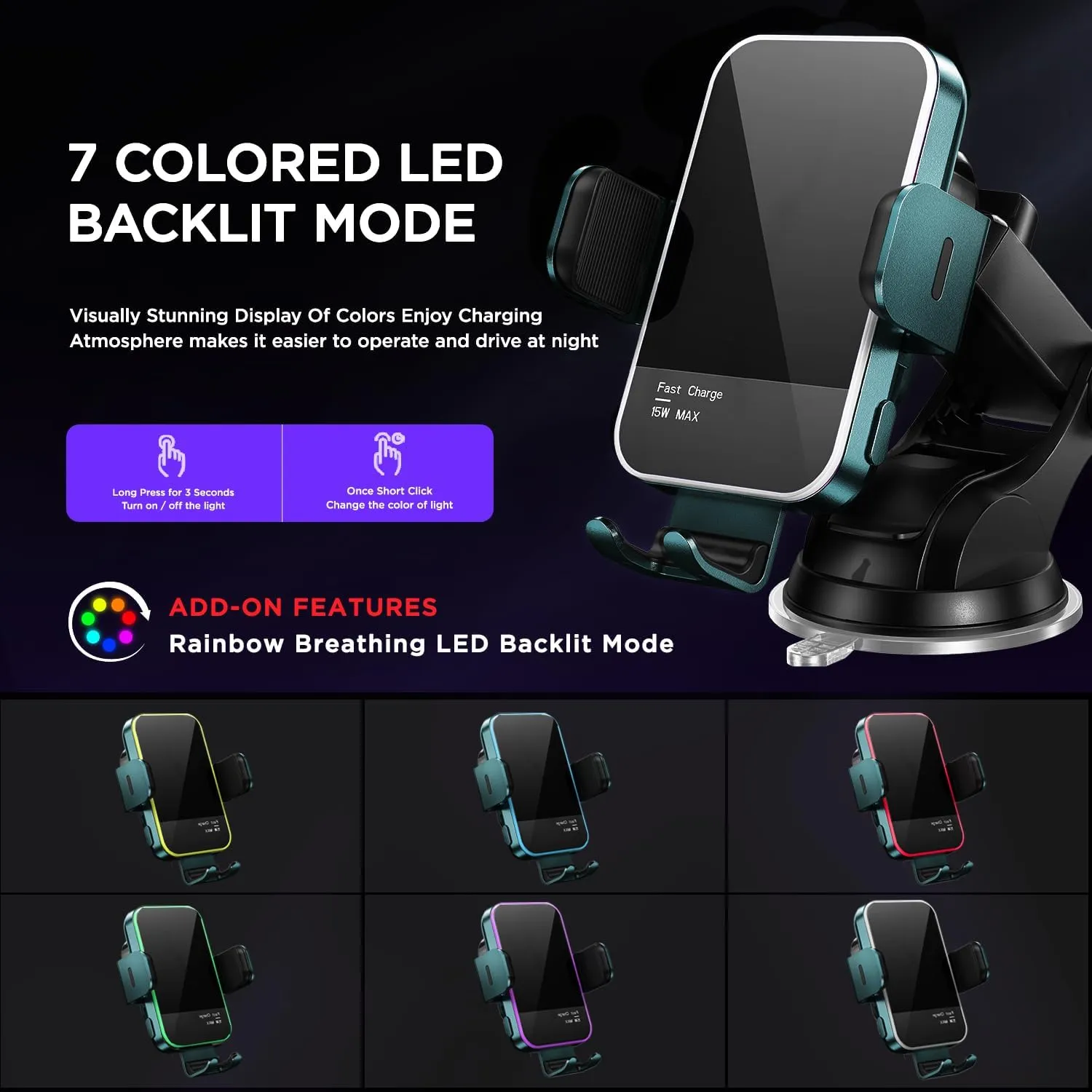 Wireless Car Charger,【7 Colored LED Backlit】 15W Auto Clamping Phone Mount Holder fit for iPhone 15 14 13 12 Mini Pro Max 11 XR XS X, Samsung Galaxy S23 Ultra S22 S21  S10  Note 20, etc - Green