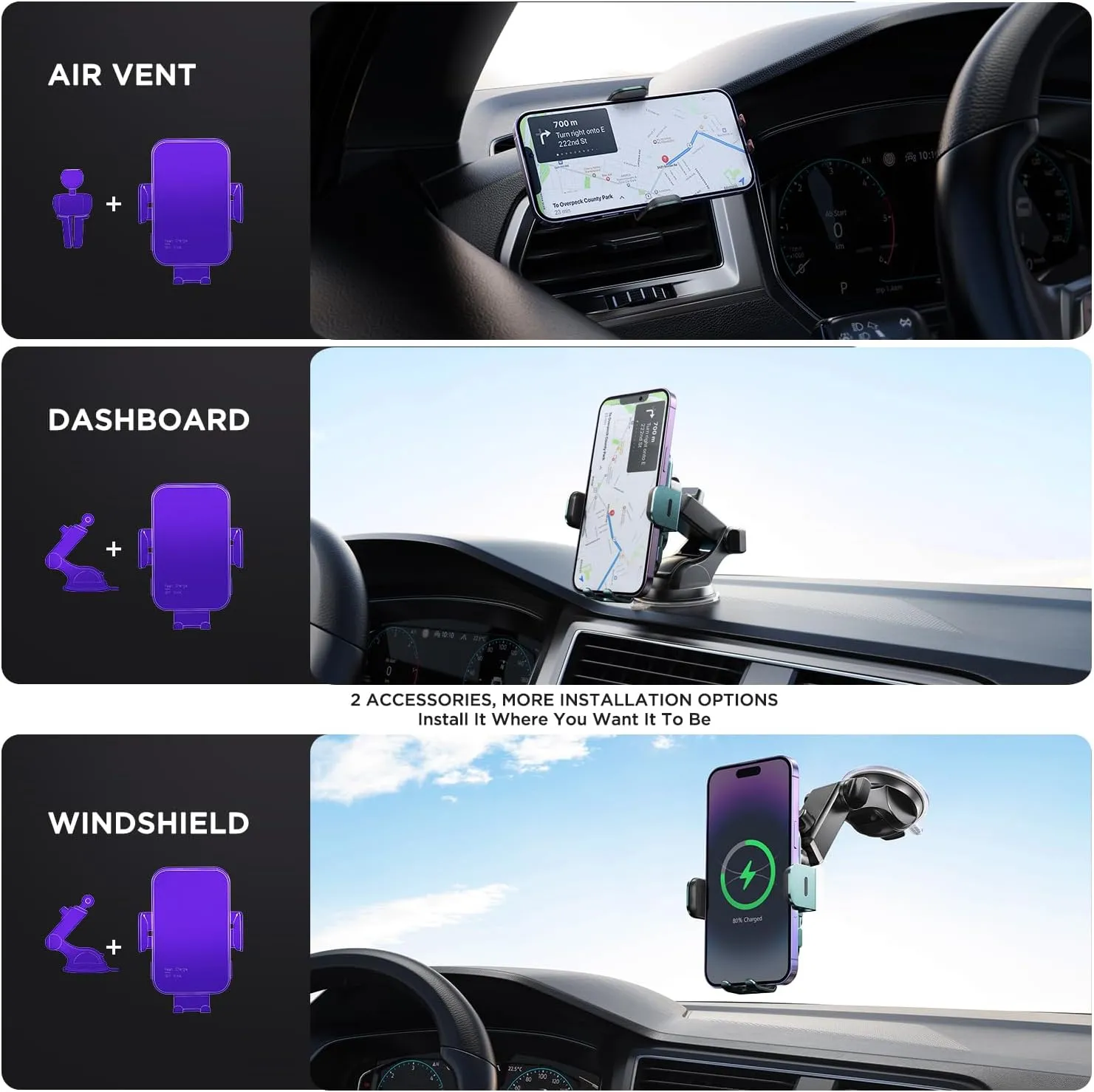 Wireless Car Charger,【7 Colored LED Backlit】 15W Auto Clamping Phone Mount Holder fit for iPhone 15 14 13 12 Mini Pro Max 11 XR XS X, Samsung Galaxy S23 Ultra S22 S21  S10  Note 20, etc - Green