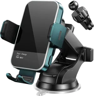 Wireless Car Charger,【7 Colored LED Backlit】 15W Auto Clamping Phone Mount Holder fit for iPhone 15 14 13 12 Mini Pro Max 11 XR XS X, Samsung Galaxy S23 Ultra S22 S21  S10  Note 20, etc - Green