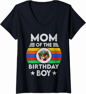 Womens Mom Of The Birthday Speed Cubing Boy Competitive Puzzle V-Neck T-Shirt