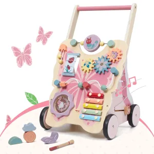 Wooden Baby Push Walker for Girls Toddler Kids 1-3 with Activity Center, Pink Butterfly Montessori Learning Push Walker with Wheels, Christmas Gift Develops Motor Skills & Stimulates Creativity