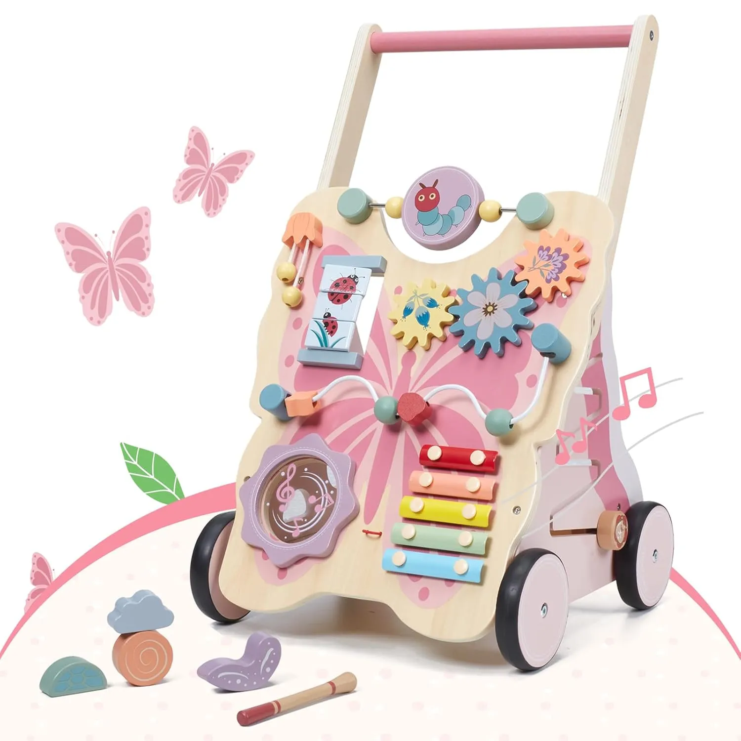 Wooden Baby Push Walker for Girls Toddler Kids 1-3 with Activity Center, Pink Butterfly Montessori Learning Push Walker with Wheels, Christmas Gift Develops Motor Skills & Stimulates Creativity