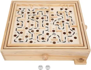 Wooden Ball Game Wooden Maze Game Toy, 12.8" X 11.2" Educational Labyrinth Chess Board With Two Steel Marbles, Puzzle Game For Elderly Adults Girls Boys And Girls
