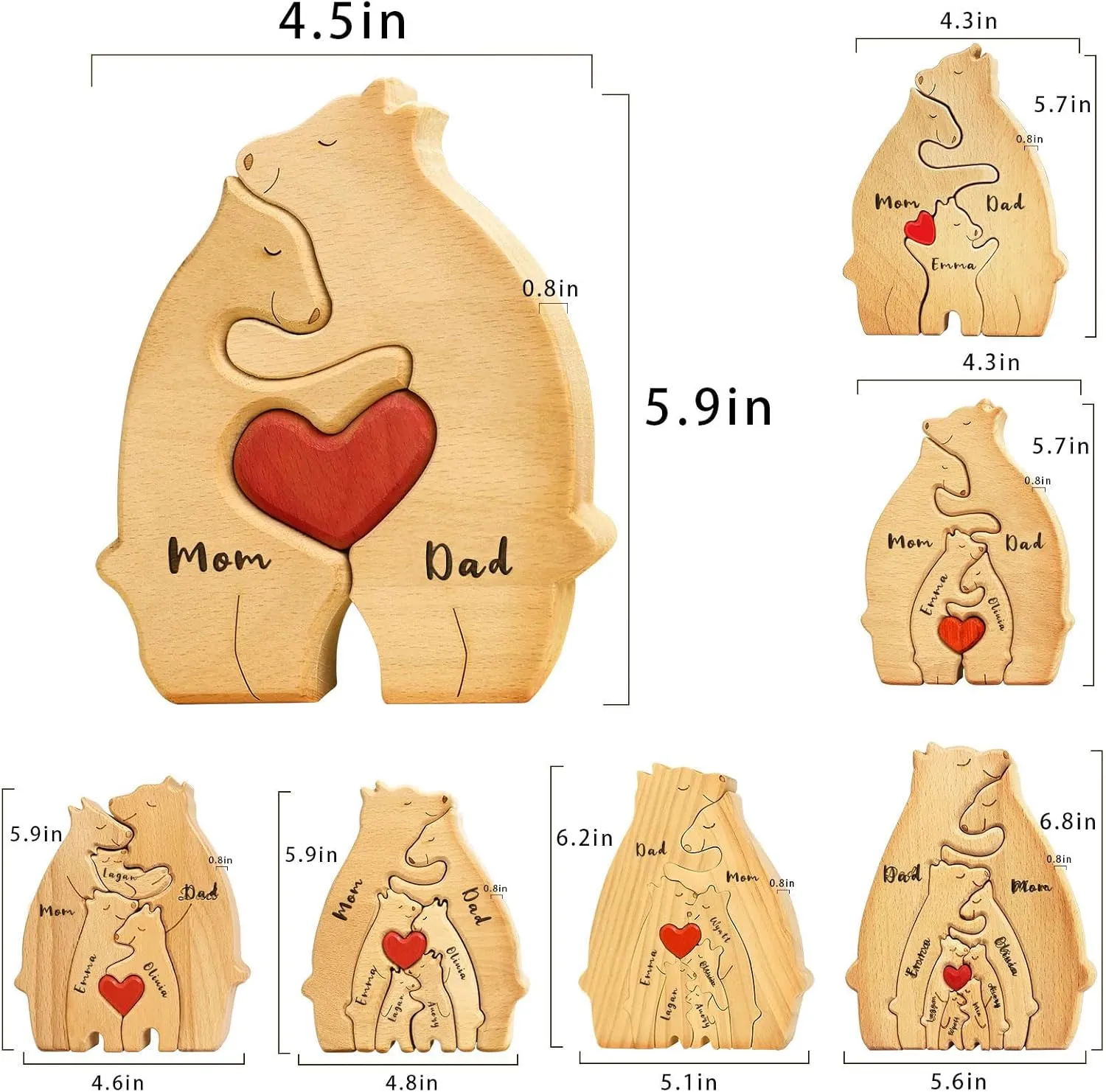 Wooden Bear Family Puzzle with 7 Names,Custom Ideal Gifts for Mother's Day, Father's Day from Daughter Son,Custom House Decor Gifts,We are One Family Name Jigsaw