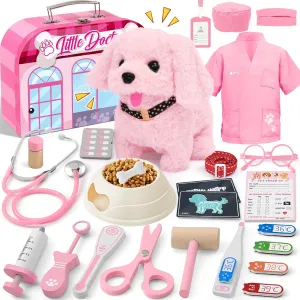 Wooden Doctor Kit & Dog Toys for Kids Toddlers Girls Boys 3 4 5 6 Years Old, Walking Barking Stuffed Dog & Doctor Costume & Veterinarian Pretend Play Set, Gifts for Boys Girls 3 4 5 6 