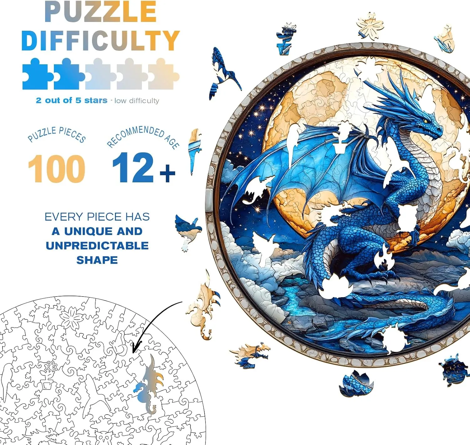 Wooden Dragon Puzzles - Unique Shaped Wooden Jigsaw Puzzles for Adults - Moonlit Blue Dragon Wooden Puzzles - Animal Wooden Puzzle Creative Birthday Gifts - Puzzle Toys - 100pcs