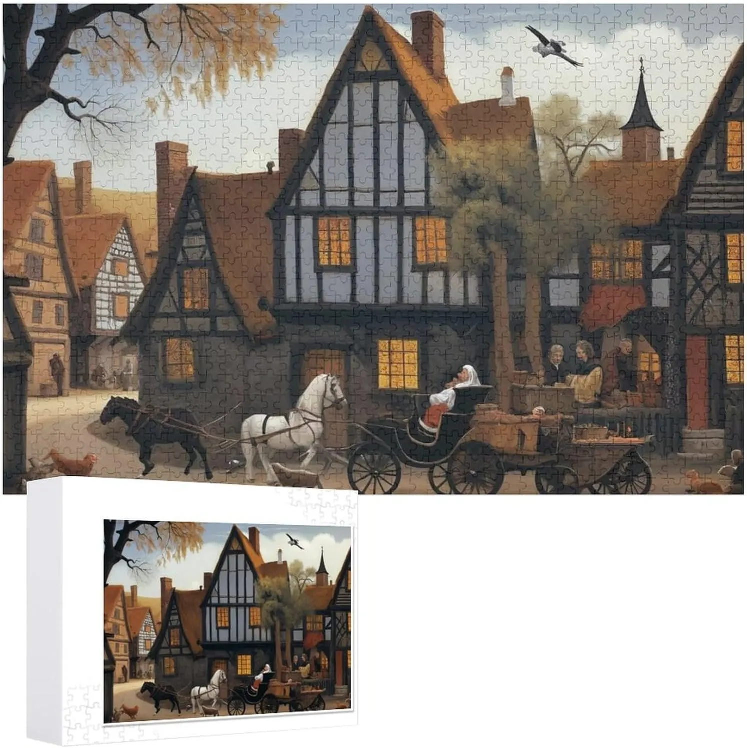 Wooden Jigsaw Puzzle 500 Piece Middle Ages Village Houses and Cars Wooden Jigsaw Puzzles Challenging Educational Fun Interactive Toys for Family Creative Gift for Women Men 20.5x15 Inch