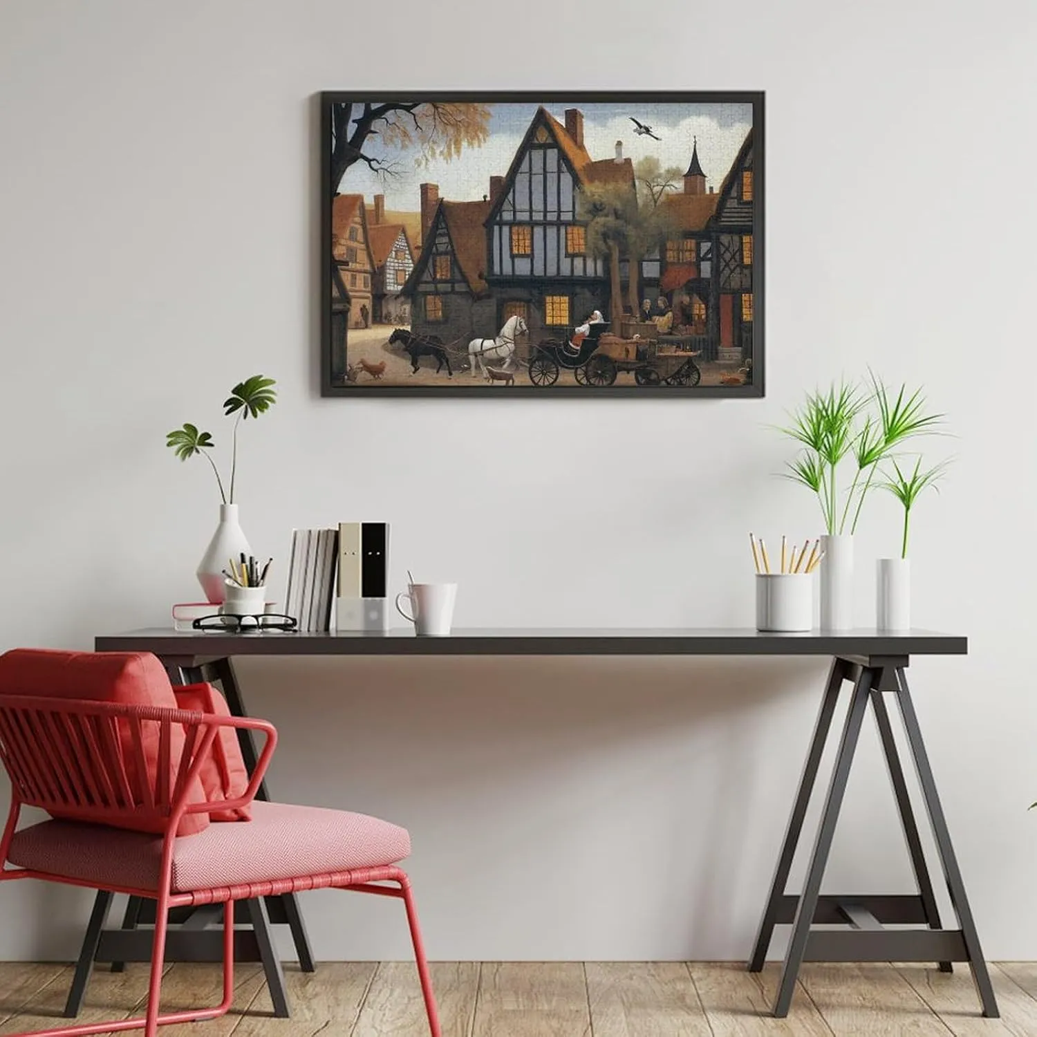 Wooden Jigsaw Puzzle 500 Piece Middle Ages Village Houses and Cars Wooden Jigsaw Puzzles Challenging Educational Fun Interactive Toys for Family Creative Gift for Women Men 20.5x15 Inch