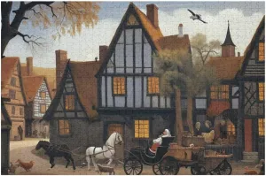 Wooden Jigsaw Puzzle 500 Piece Middle Ages Village Houses and Cars Wooden Jigsaw Puzzles Challenging Educational Fun Interactive Toys for Family Creative Gift for Women Men 20.5x15 Inch