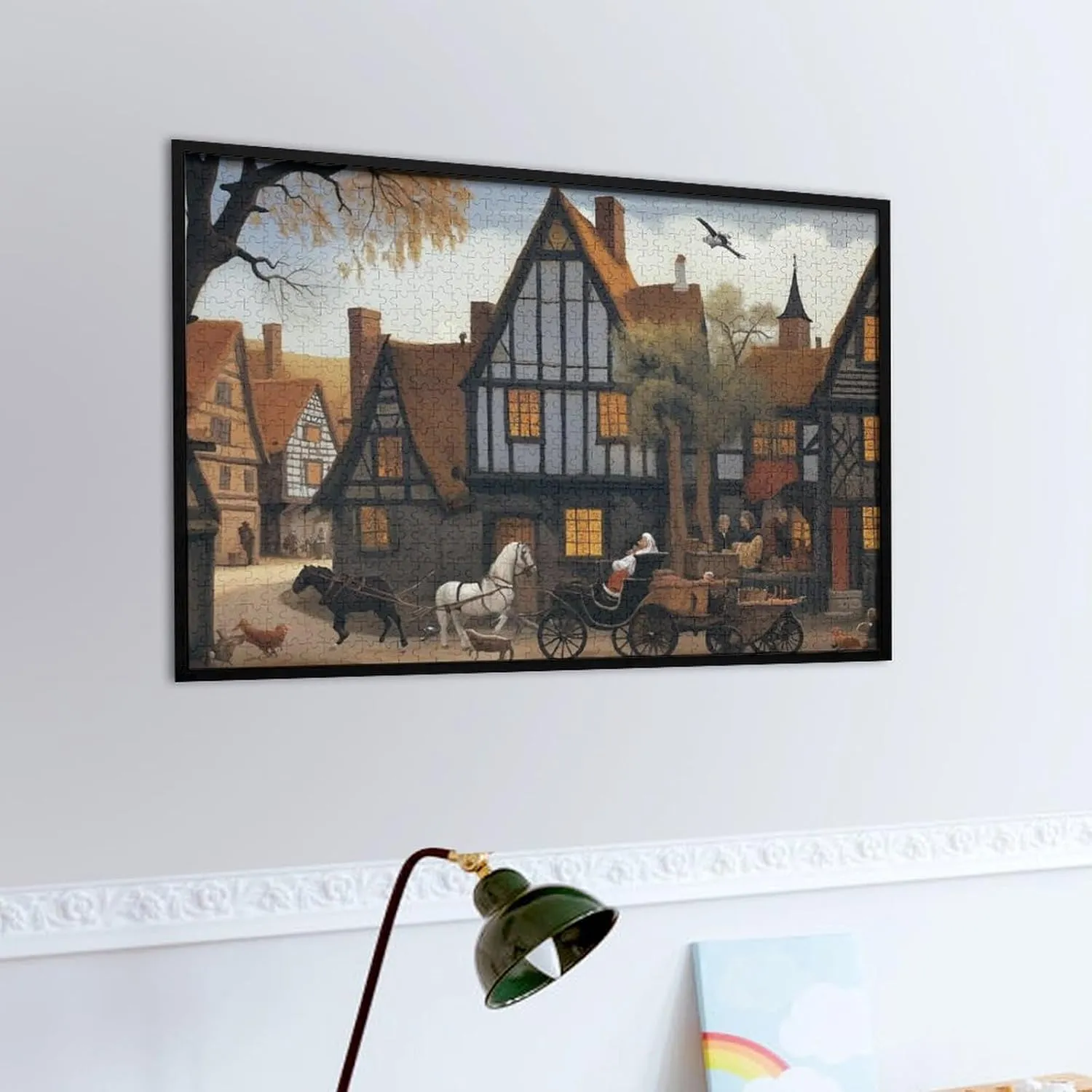 Wooden Jigsaw Puzzle 500 Piece Middle Ages Village Houses and Cars Wooden Jigsaw Puzzles Challenging Educational Fun Interactive Toys for Family Creative Gift for Women Men 20.5x15 Inch