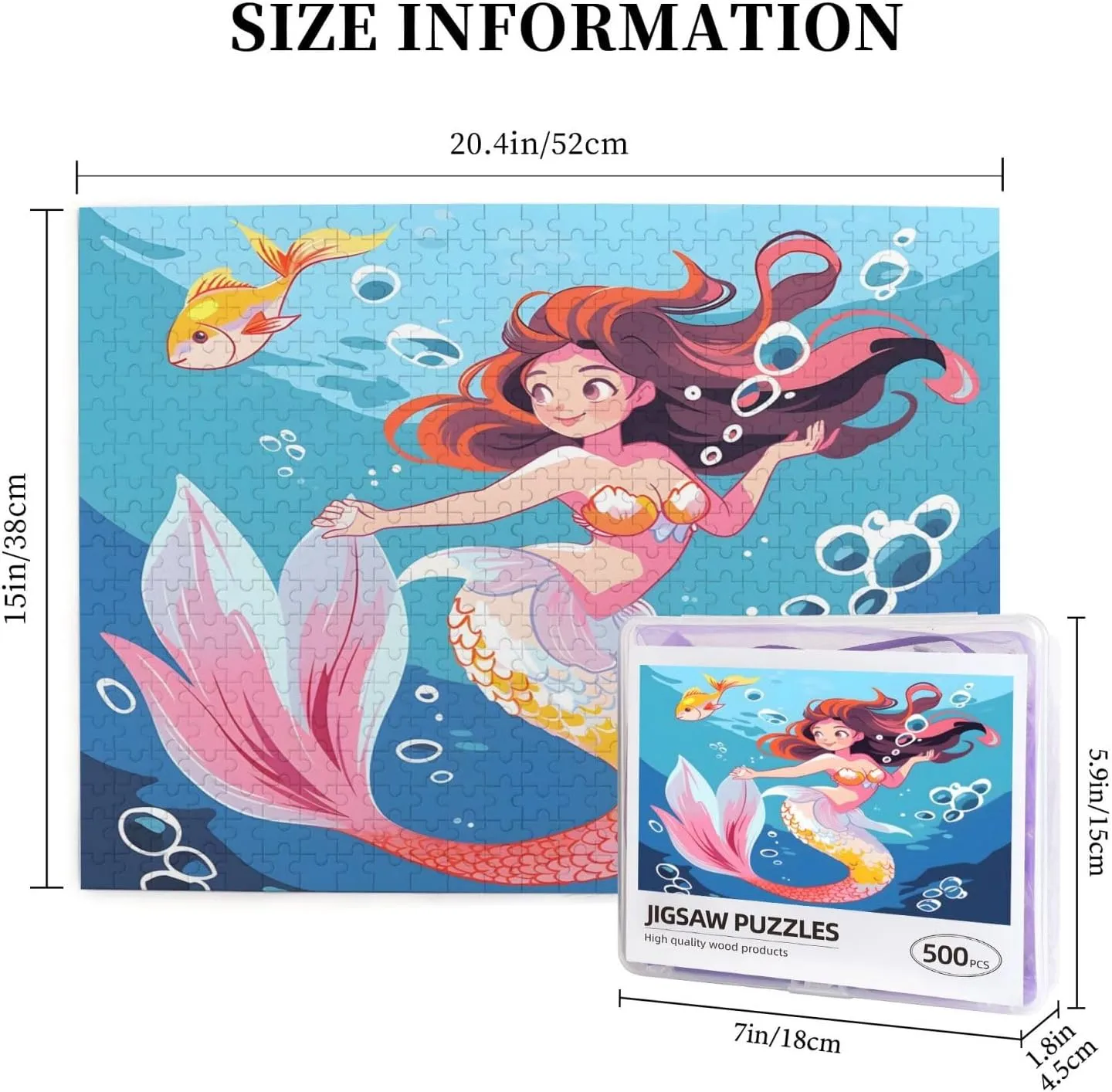 Wooden Jigsaw Puzzles 500 Pieces Cartoon Mermaid Sea Fish Puzzle Leisure for Adults Jigsaw Challenging Creative Educational Intellectual Decompressing Family Games Toy Gift