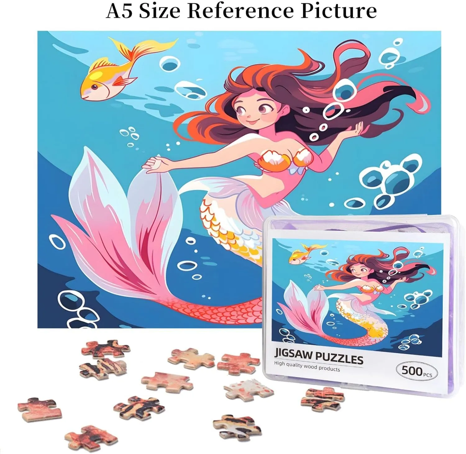 Wooden Jigsaw Puzzles 500 Pieces Cartoon Mermaid Sea Fish Puzzle Leisure for Adults Jigsaw Challenging Creative Educational Intellectual Decompressing Family Games Toy Gift
