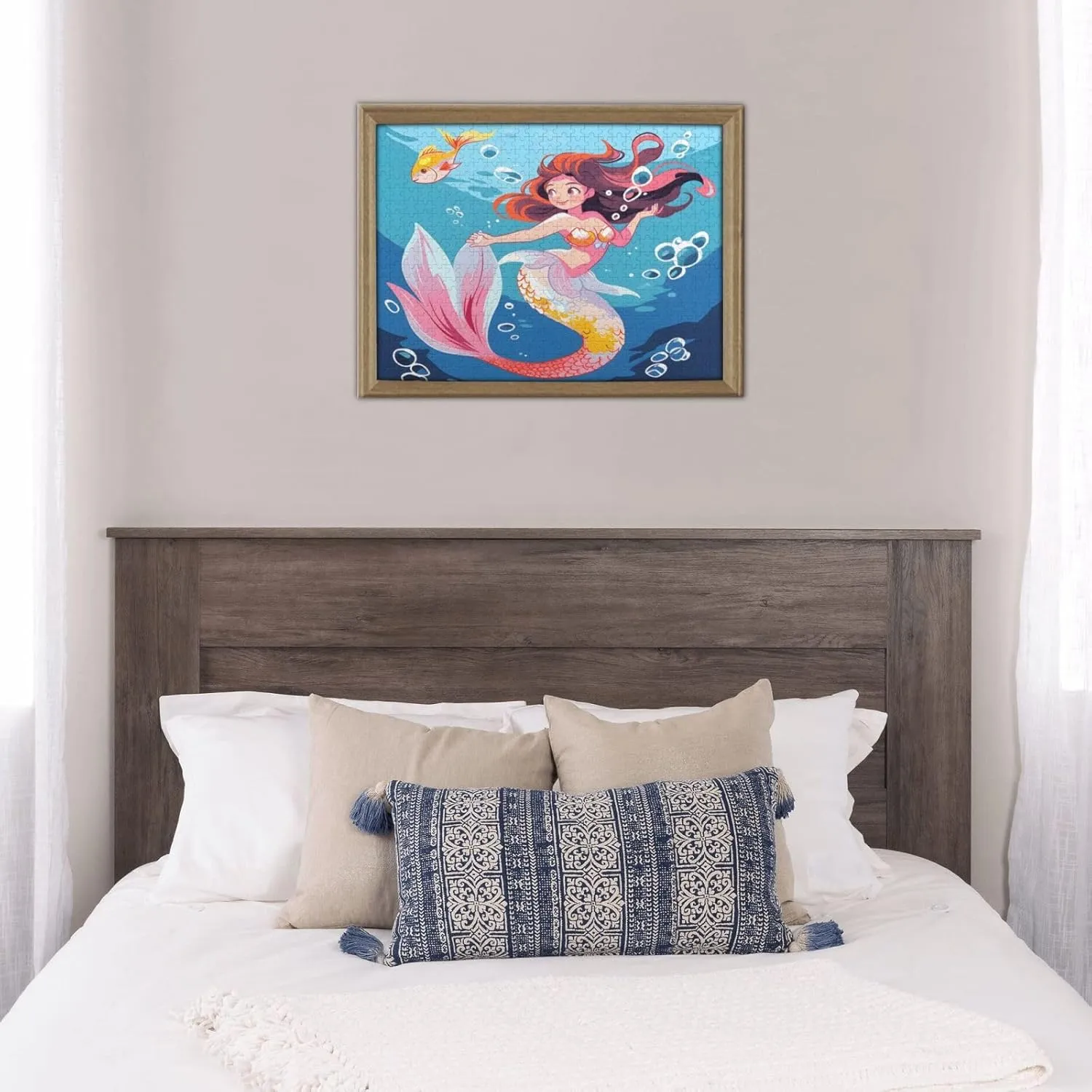 Wooden Jigsaw Puzzles 500 Pieces Cartoon Mermaid Sea Fish Puzzle Leisure for Adults Jigsaw Challenging Creative Educational Intellectual Decompressing Family Games Toy Gift