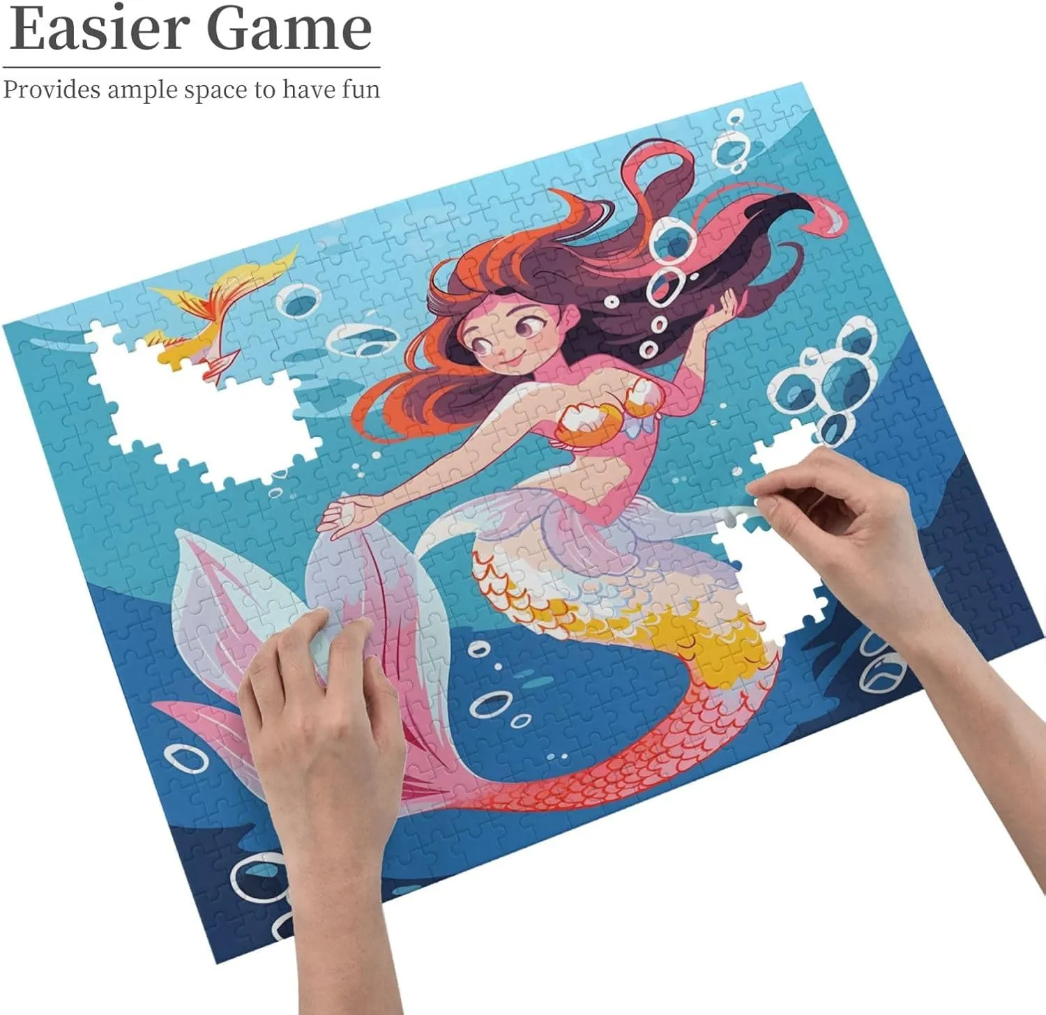Wooden Jigsaw Puzzles 500 Pieces Cartoon Mermaid Sea Fish Puzzle Leisure for Adults Jigsaw Challenging Creative Educational Intellectual Decompressing Family Games Toy Gift