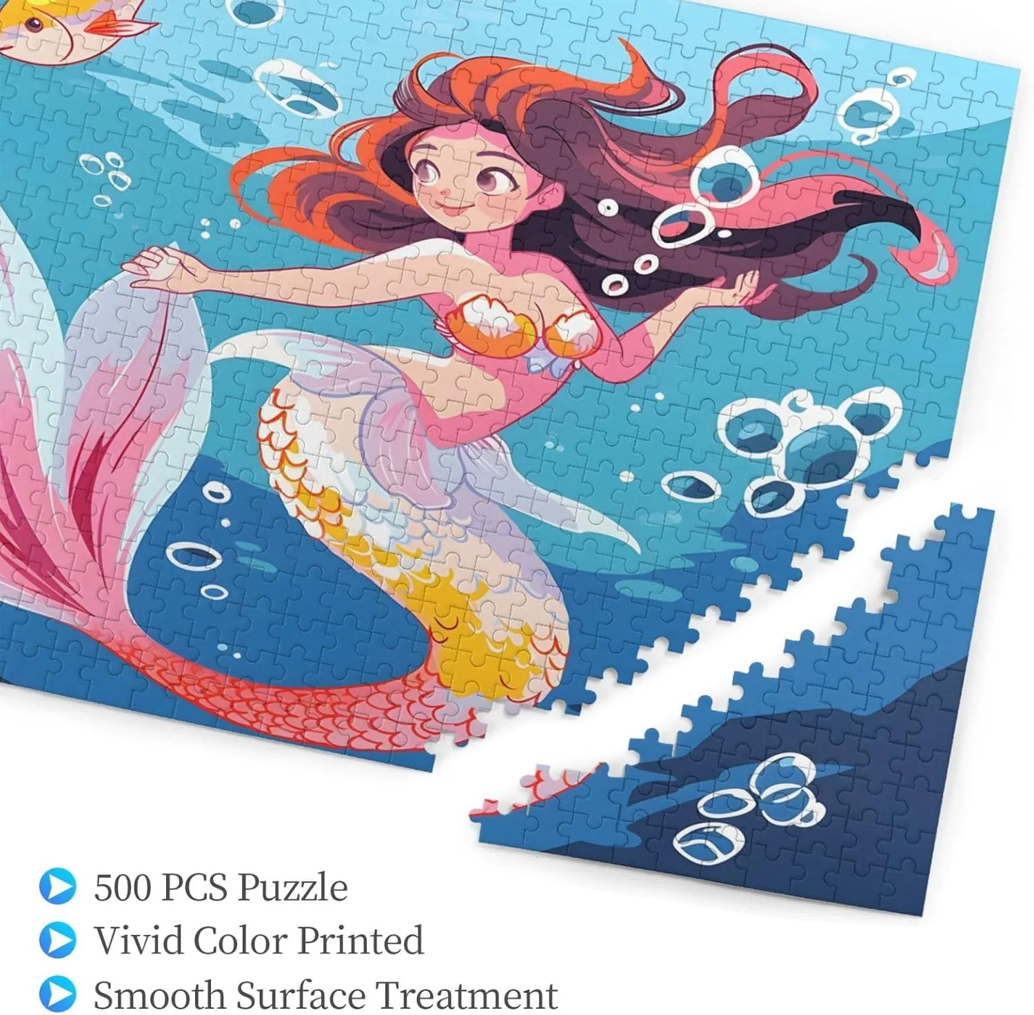 Wooden Jigsaw Puzzles 500 Pieces Cartoon Mermaid Sea Fish Puzzle Leisure for Adults Jigsaw Challenging Creative Educational Intellectual Decompressing Family Games Toy Gift