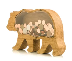 Wooden Money Box for Adults & Kids - Grizzly Bear Personalized Piggy Bank | Organic Glass Coin Jar | Montessori Gift for Kids & Unique Wood Baby Gift (2 Sizes Available)